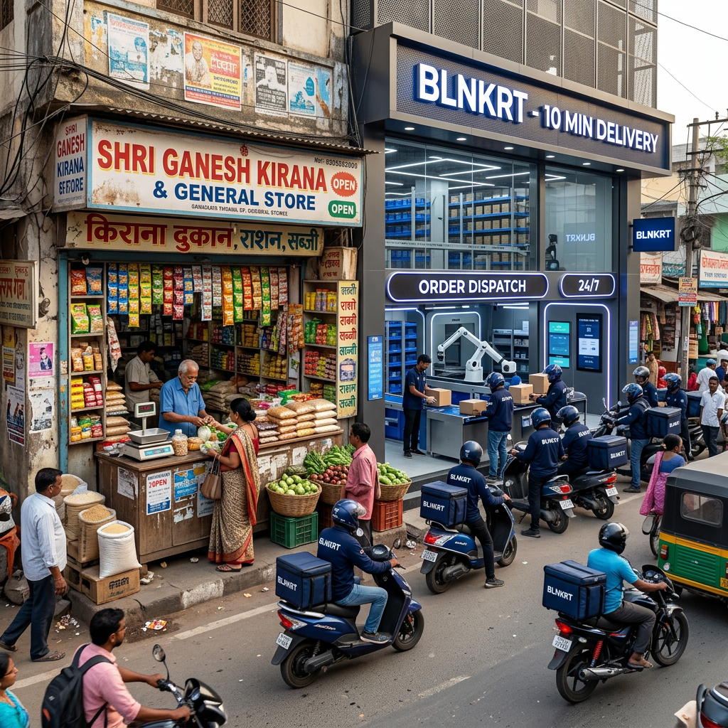 Traditional grocery store next to modern automated delivery hub with delivery riders on scooters